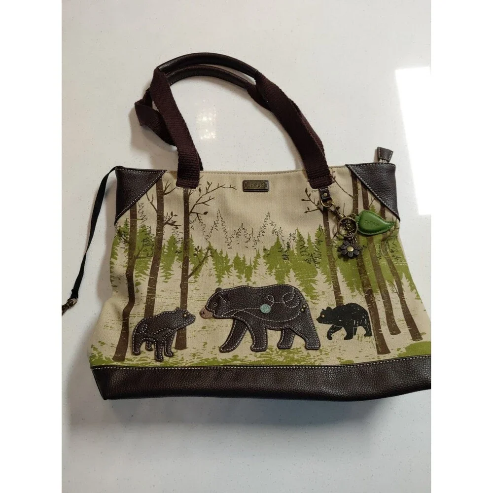 Chala Black Bear Mom & 2 Cubs Bag with Appliqué NWOT